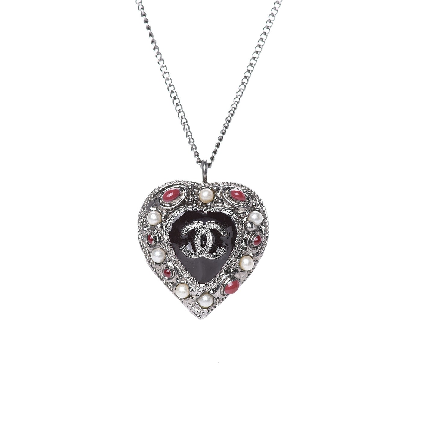 Pearl Enamel Heart CC Necklace Pendant Silver