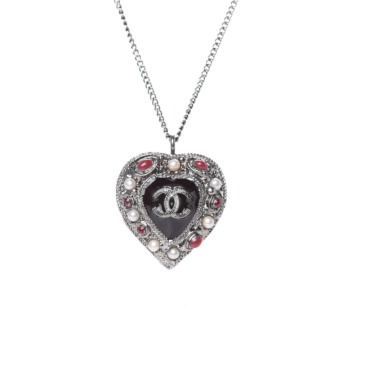 Chanel Pearl Enamel Heart CC Necklace Pendant Silver 4 of 4