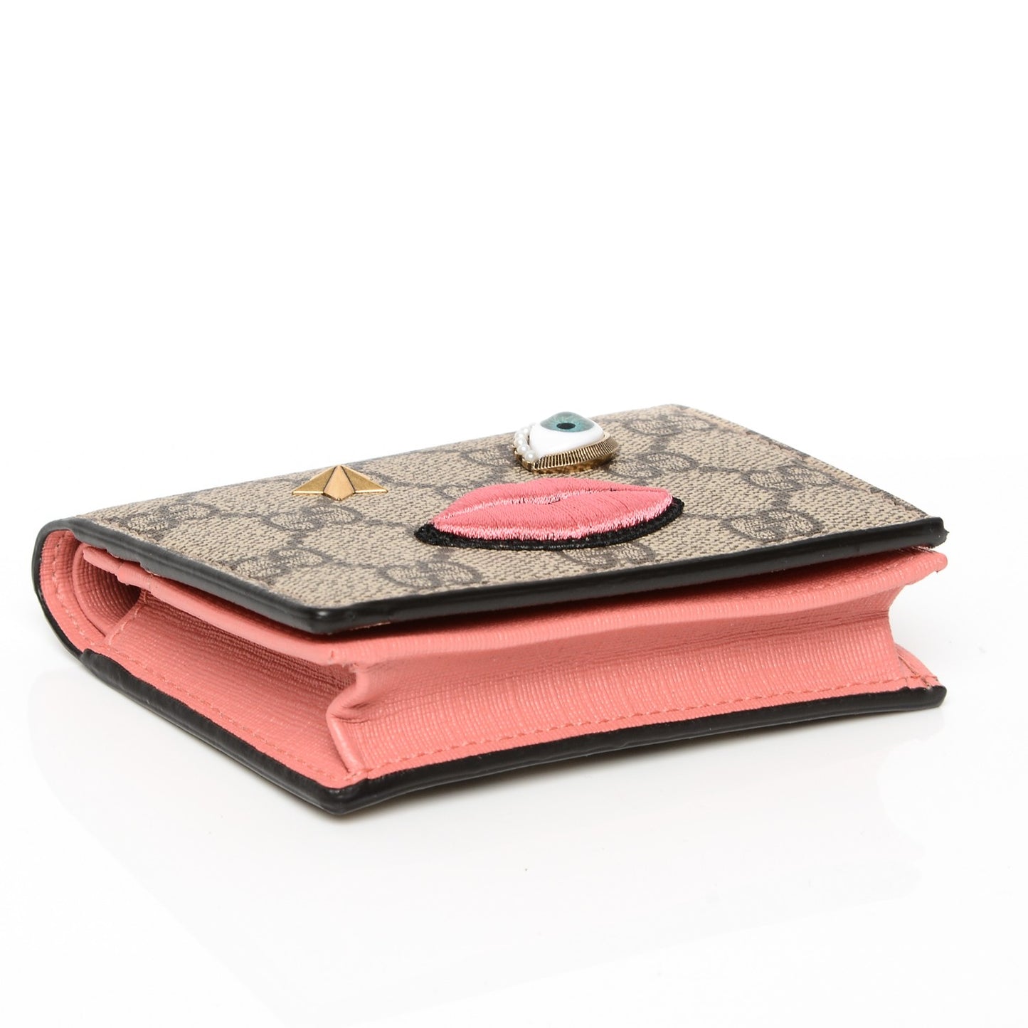 GG Supreme Monogram Face Embroidered Card Case Wallet Pink