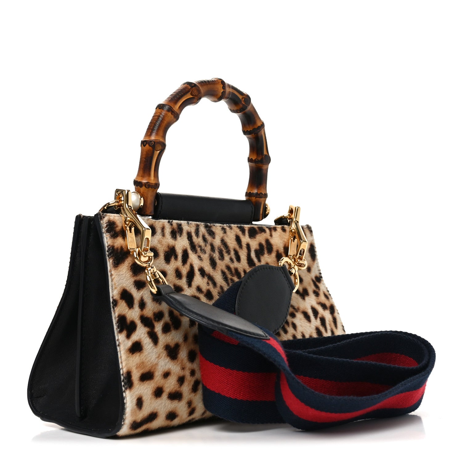 Gucci Calf Hair Bamboo Web Leopard Print Mini Nymphaea Top Handle
