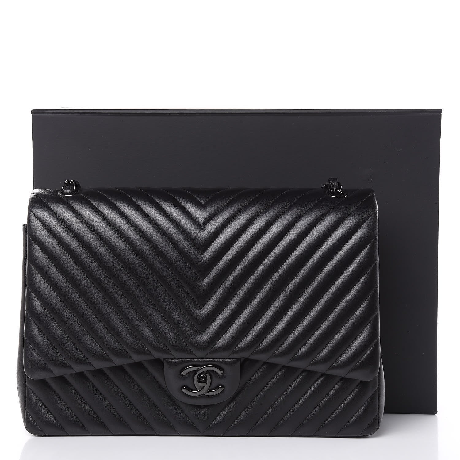 Chanel Lambskin Chevron Quilted Maxi Double Flap So Black 14 of 14