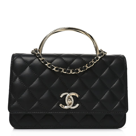 Lambskin Quilted Crystal Handle Wallet On Chain WOC Black