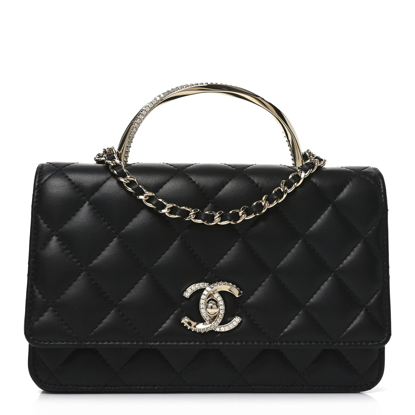 Lambskin Quilted Crystal Handle Wallet On Chain WOC Black