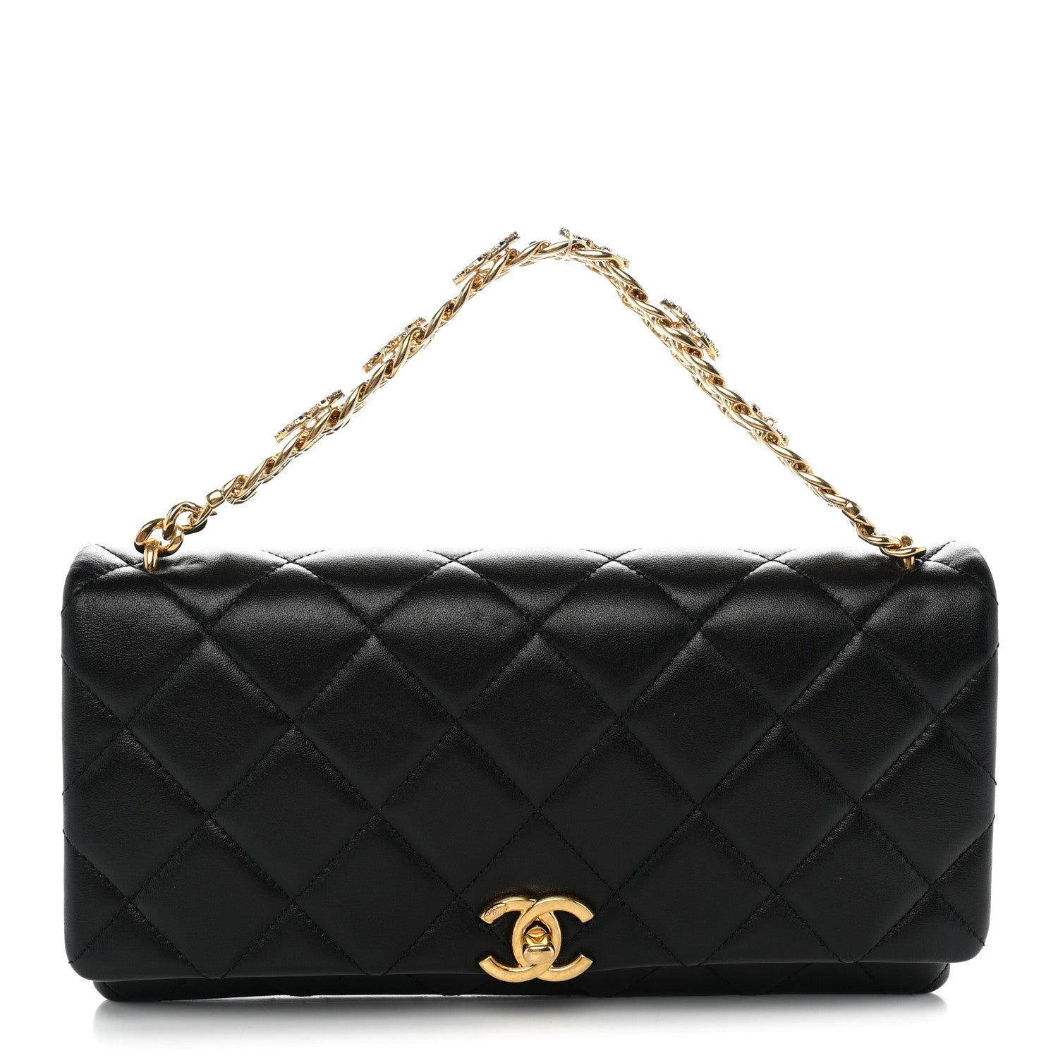 Chanel Lambskin Quilted Crystal Chain Flap Clutch Black 1 of 10