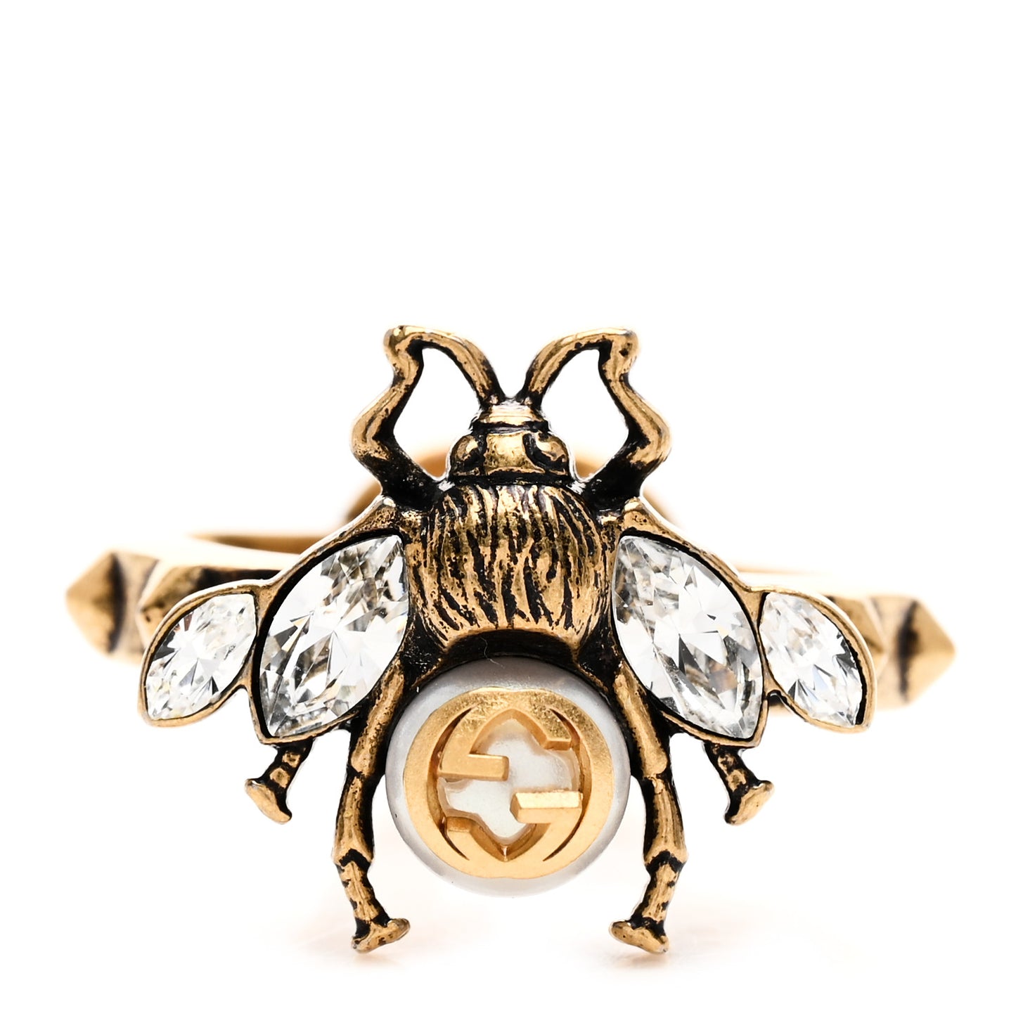 Metal Crystal Pearl Bee Ring S Aged Gold