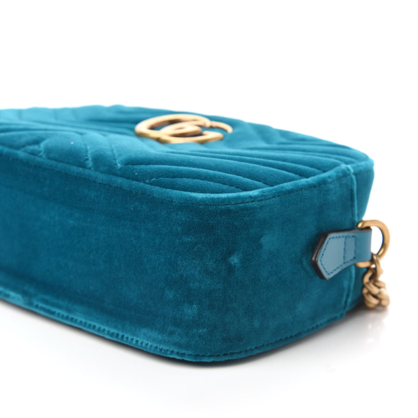 Velvet Matelasse Small GG Marmont Chain Shoulder Bag Pavone Cyan