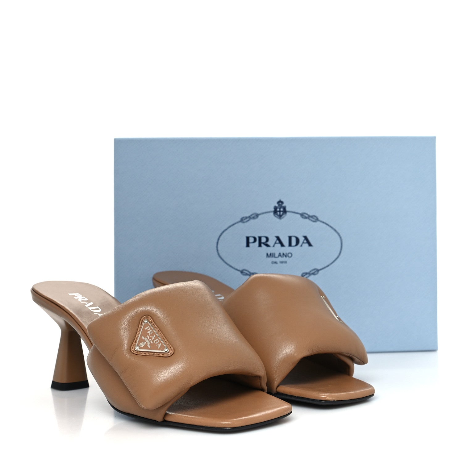 Prada Nappa Soft Padded Metal Triangle Logo 65mm Slide Sandals 41 Caramel 8 of 8