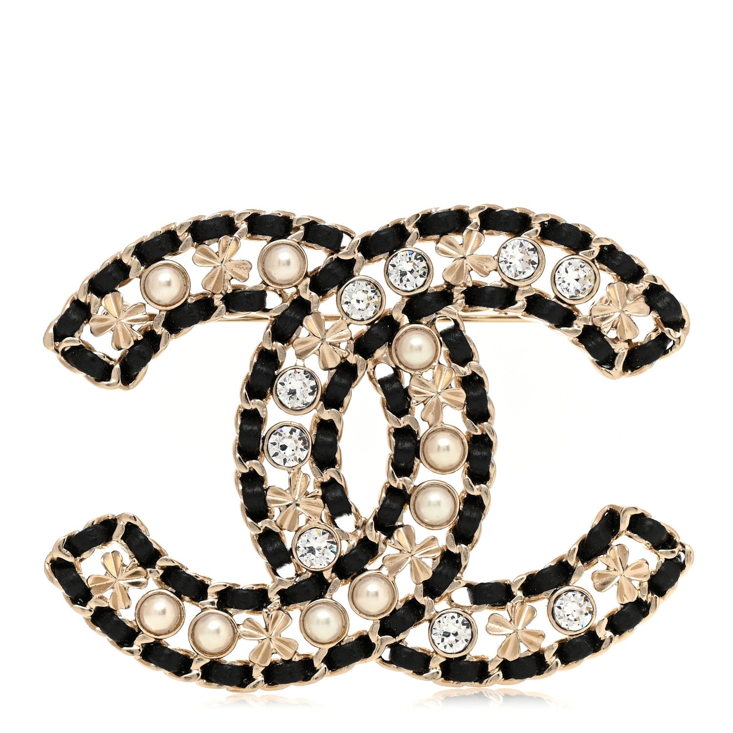 Chanel Lambskin Pearl Crystal CC Brooch Gold Black 1 of 4