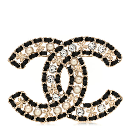 Chanel Lambskin Pearl Crystal CC Brooch Gold Black 1 of 4