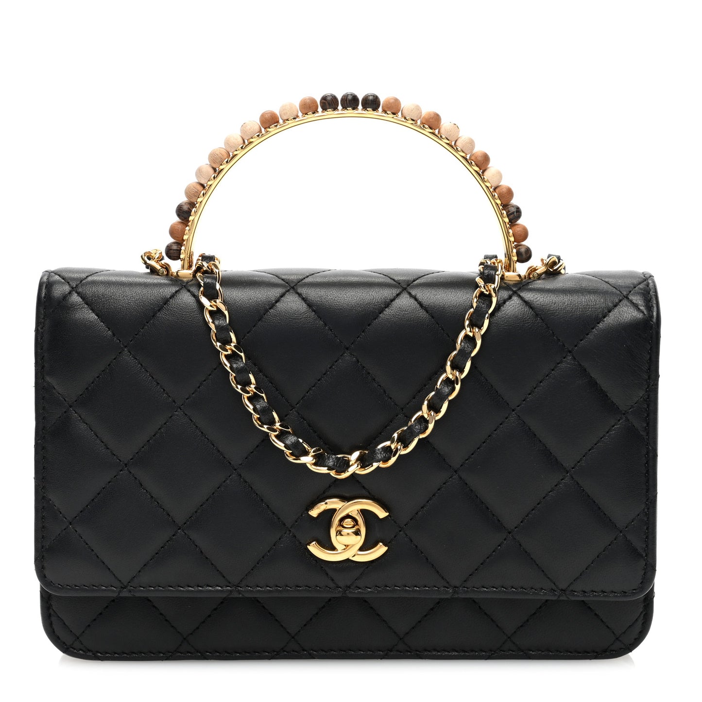 Shiny Nappa Quilted Mini Metal Wood Top Handle Flap Black