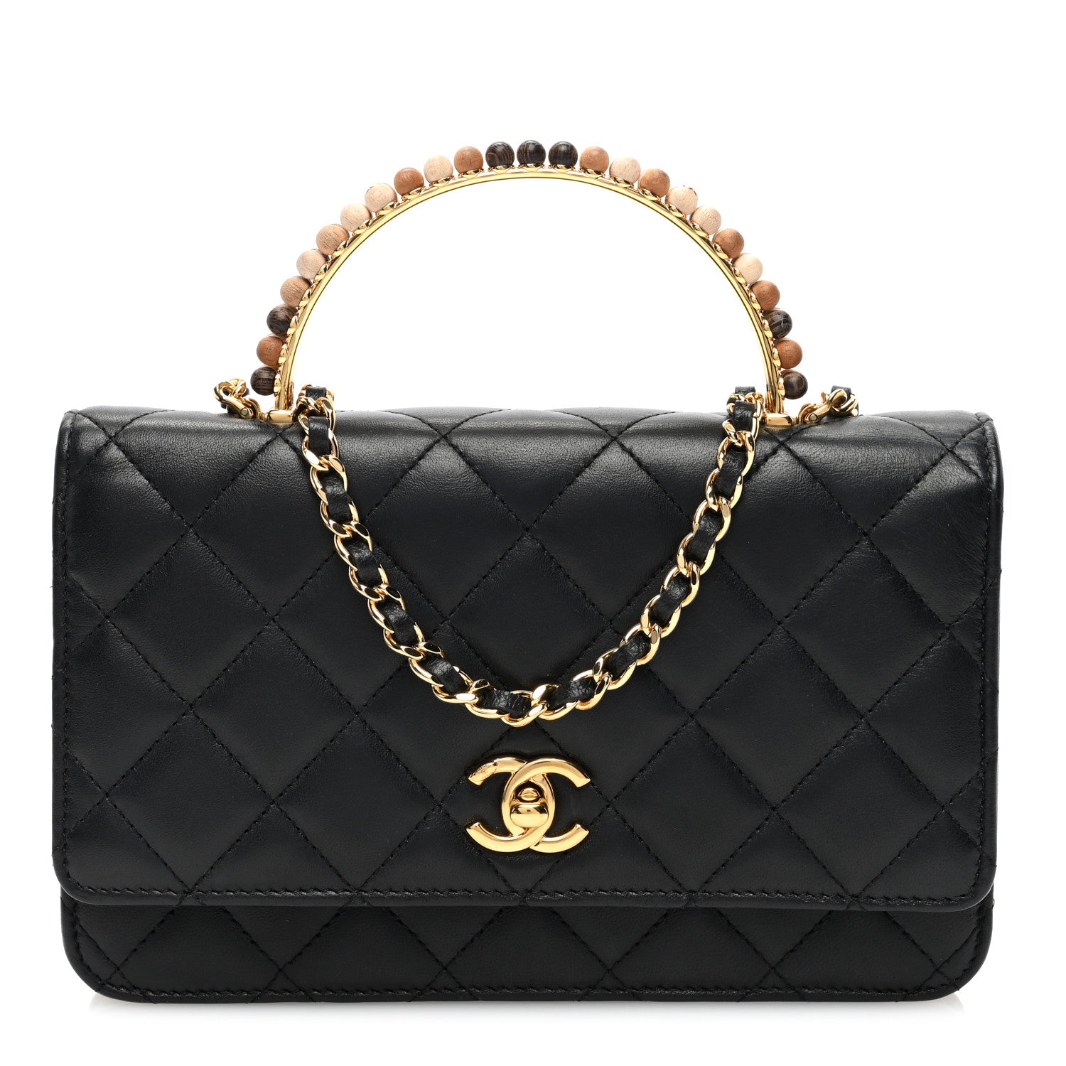 Chanel Shiny Nappa Quilted Mini Metal Wood Top Handle Flap Black 1 of 10