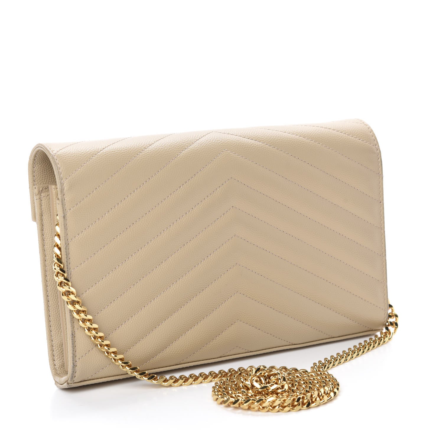 Saint Laurent Grain De Poudre Matelasse Chevron Monogram Chain Wallet Sea Salt 3 of 10
