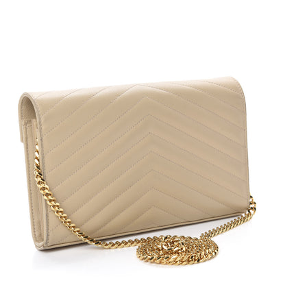 Saint Laurent Grain De Poudre Matelasse Chevron Monogram Chain Wallet Sea Salt 3 of 10