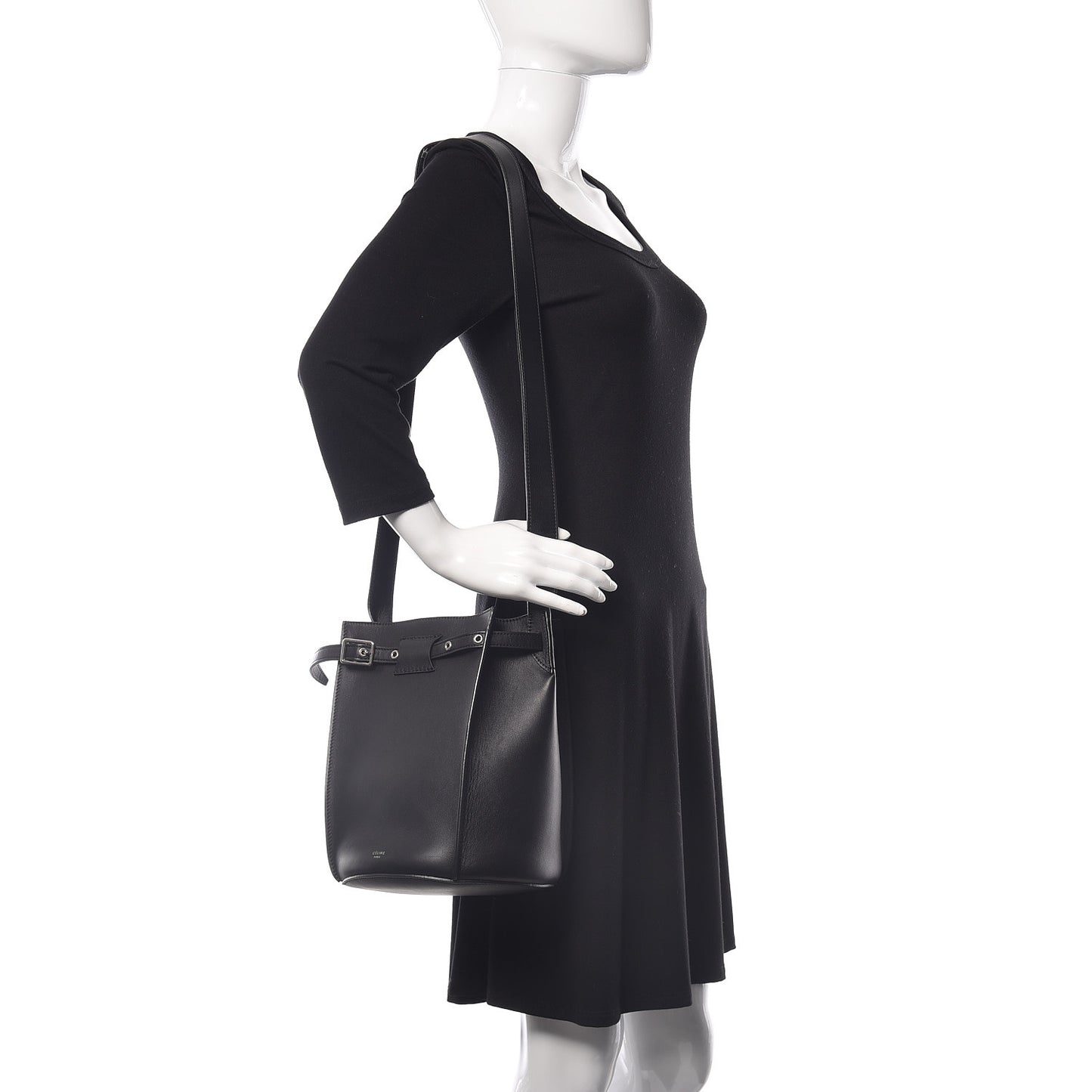 Smooth Calfskin Long Strap Big Bucket Bag Black