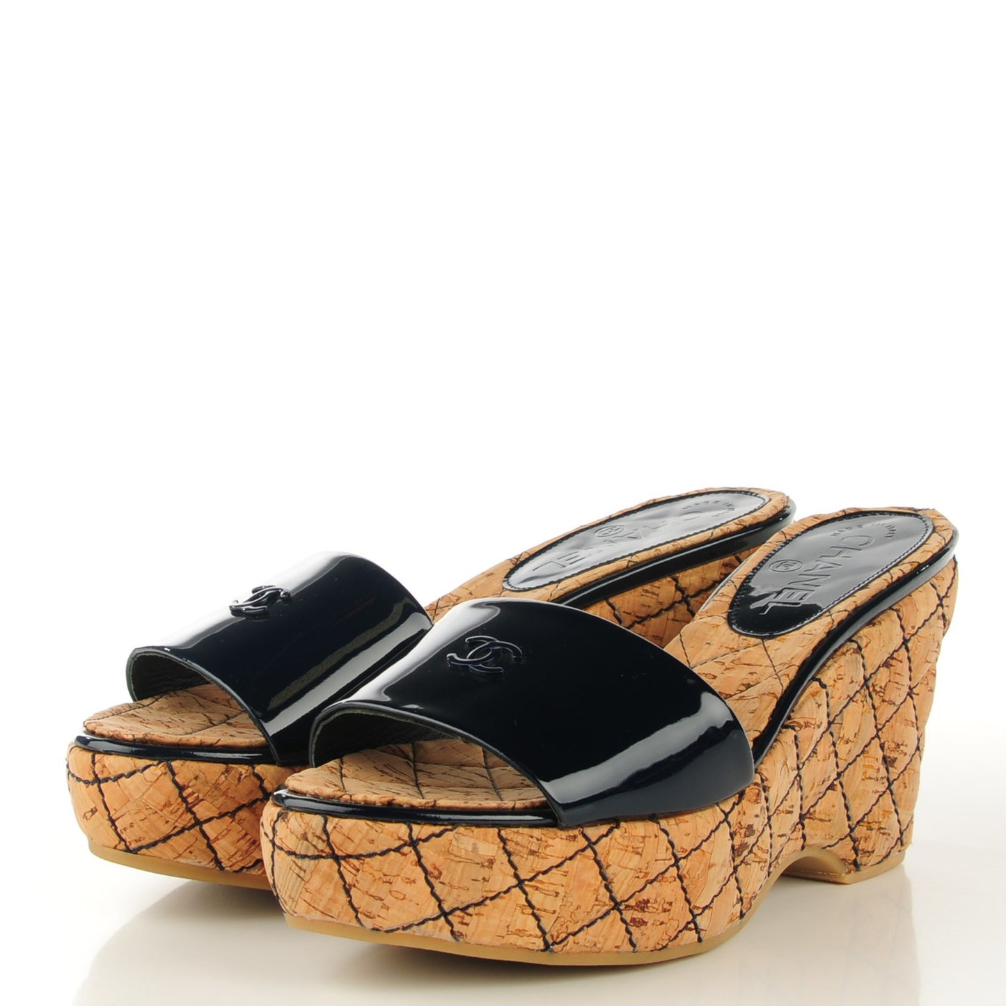 Patent Cork Quilted CC Wedge Sandals 38 Navy Blue