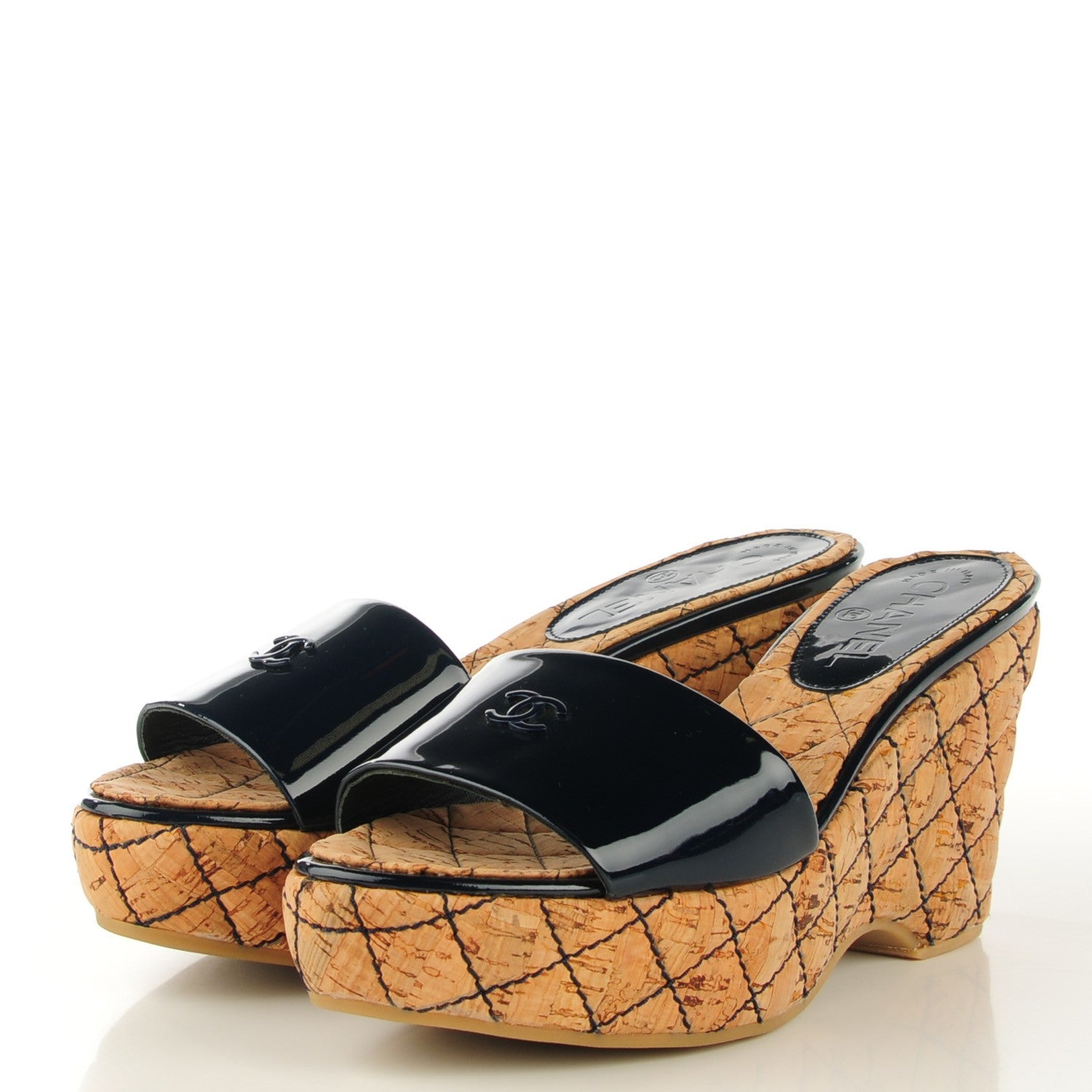 Chanel Patent Cork Quilted CC Wedge Sandals 38 Navy Blue 3 of 8