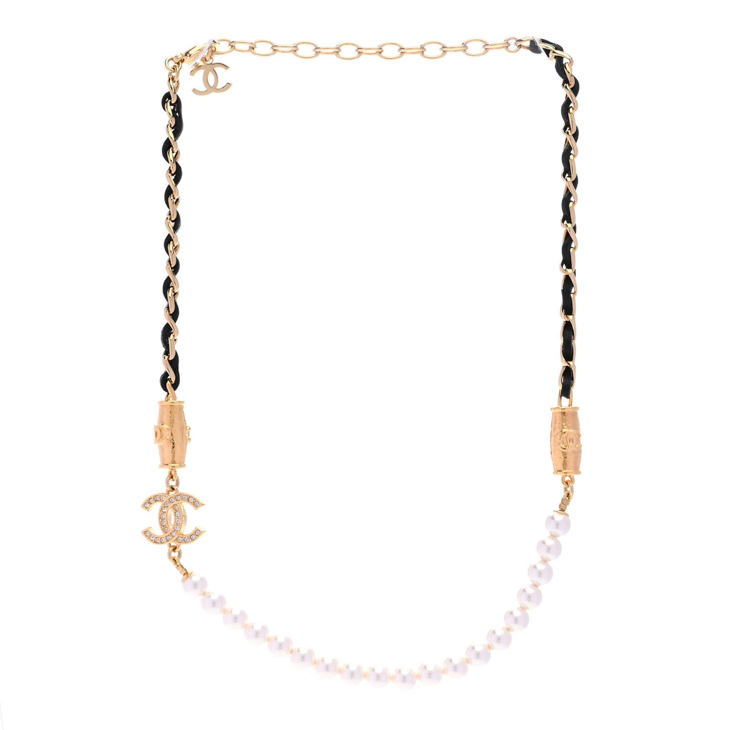 Pearl Crystal Lambskin CC Necklace Gold Black