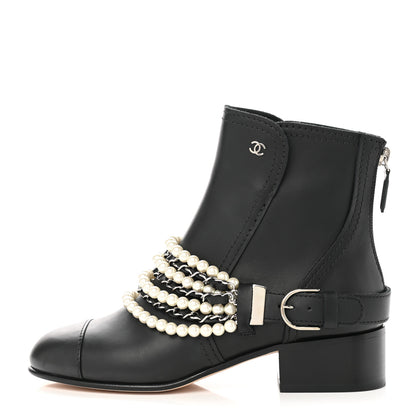 Chanel Calfskin Pearl Cap Toe Short Boots 36.5 Black 1 of 9