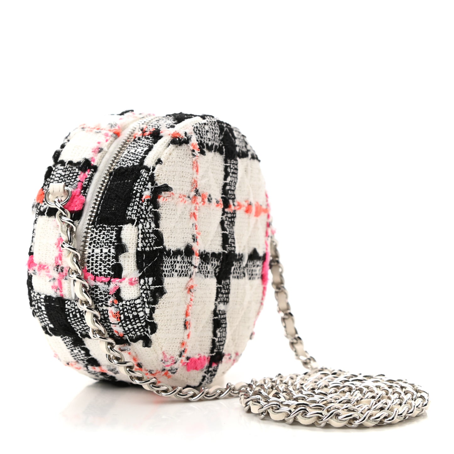 Tweed Quilted Round Clutch With Chain Black White Multicolor