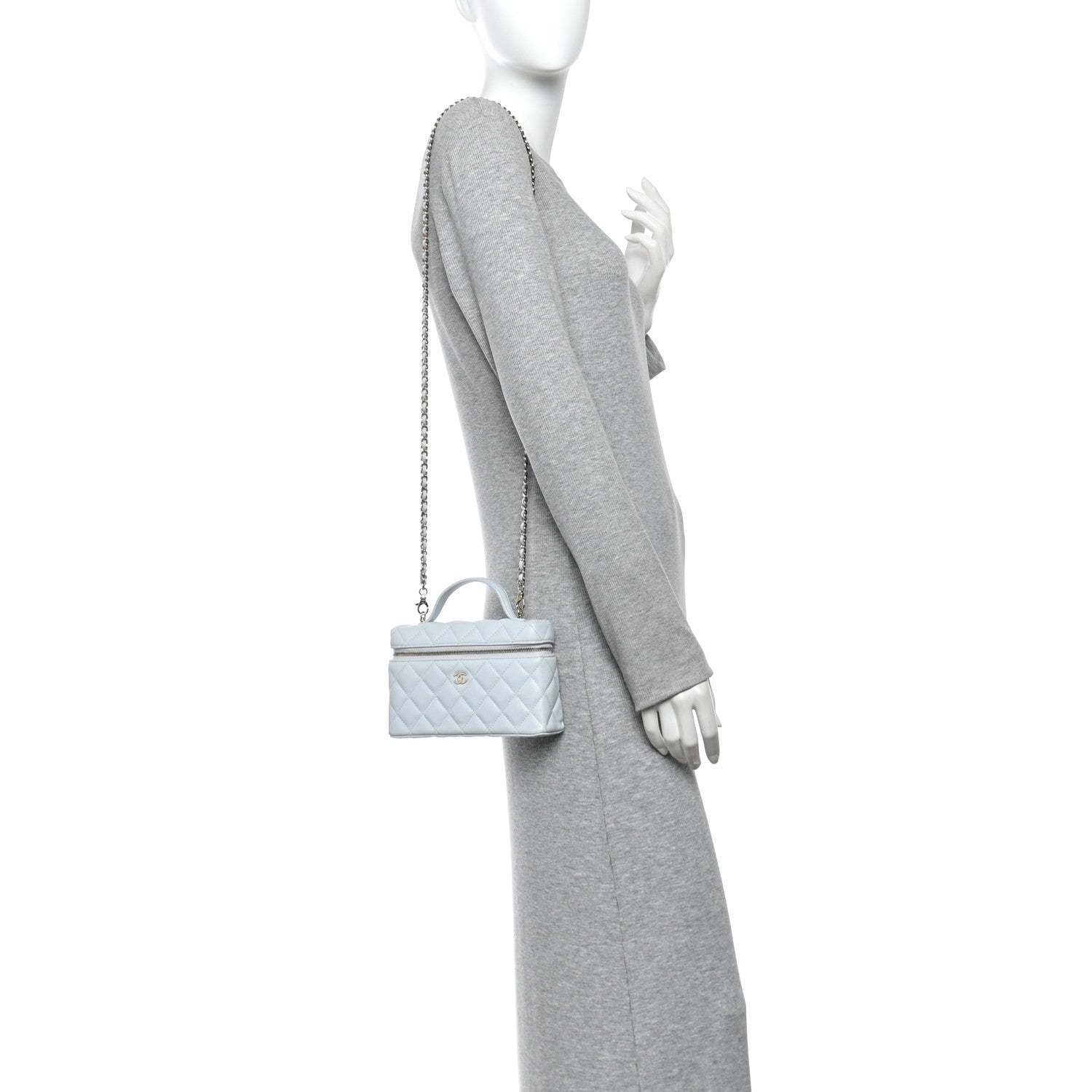 Chanel Caviar Quilted Top Handle Slim Vanity With Chain Light Blue 2 of 11