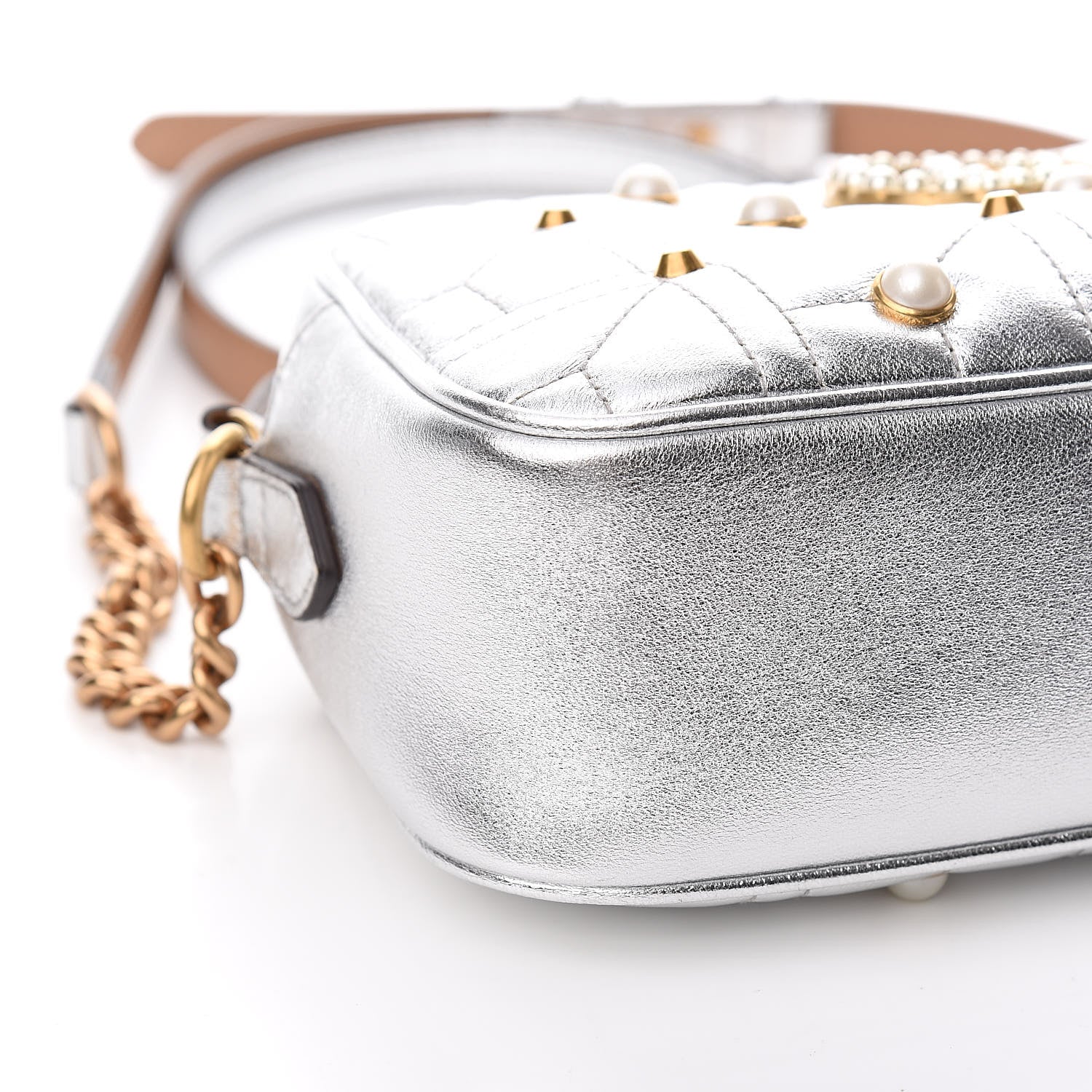 Gucci Metallic Calfskin Matelasse Studded Small Pearly GG Marmont Chain Shoulder Bag Silver 8 of 11