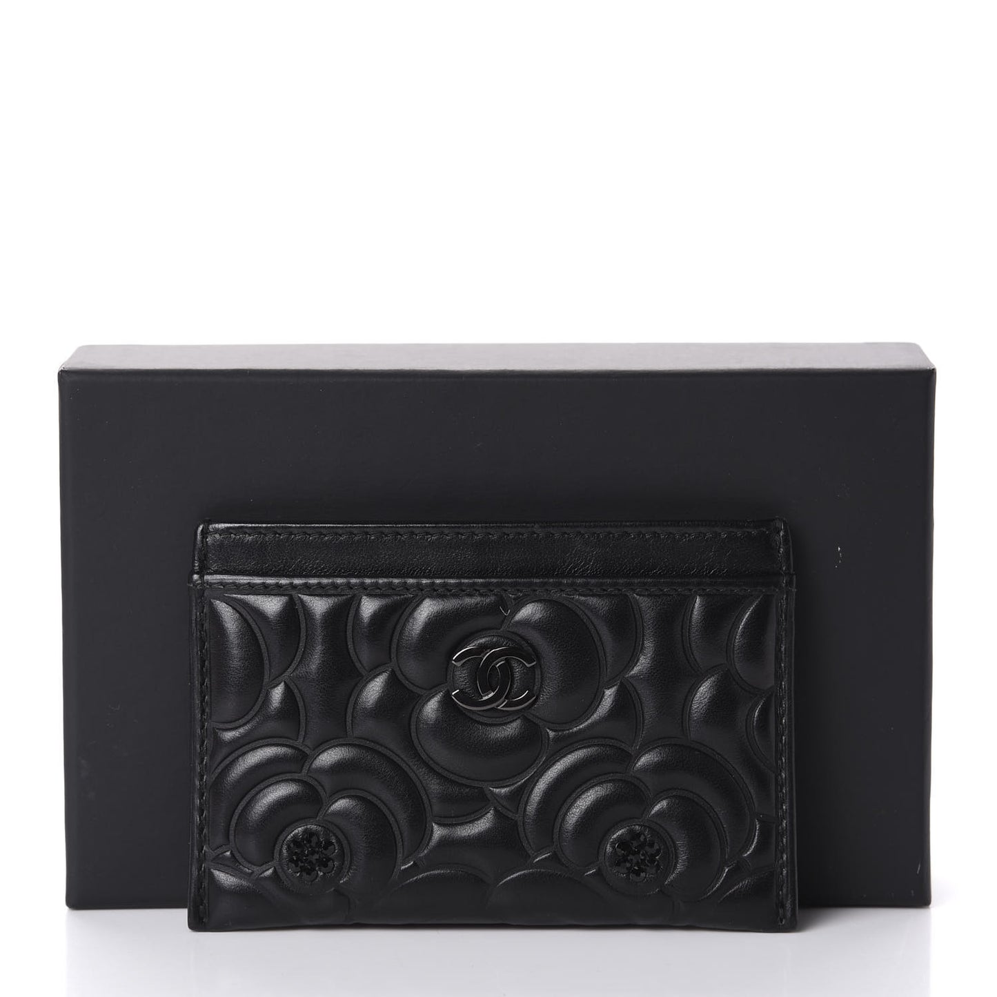 Lambskin Camellia Embossed Card Holder So Black