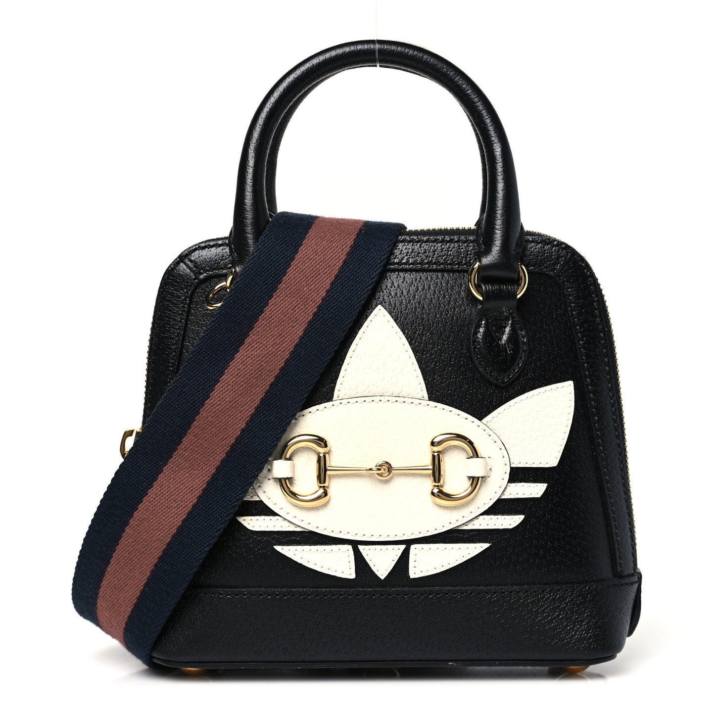 X ADIDAS Textured Dollar Calfskin Web Trefoil Mini Horsebit 1955 Top Handle Bag Black Off White