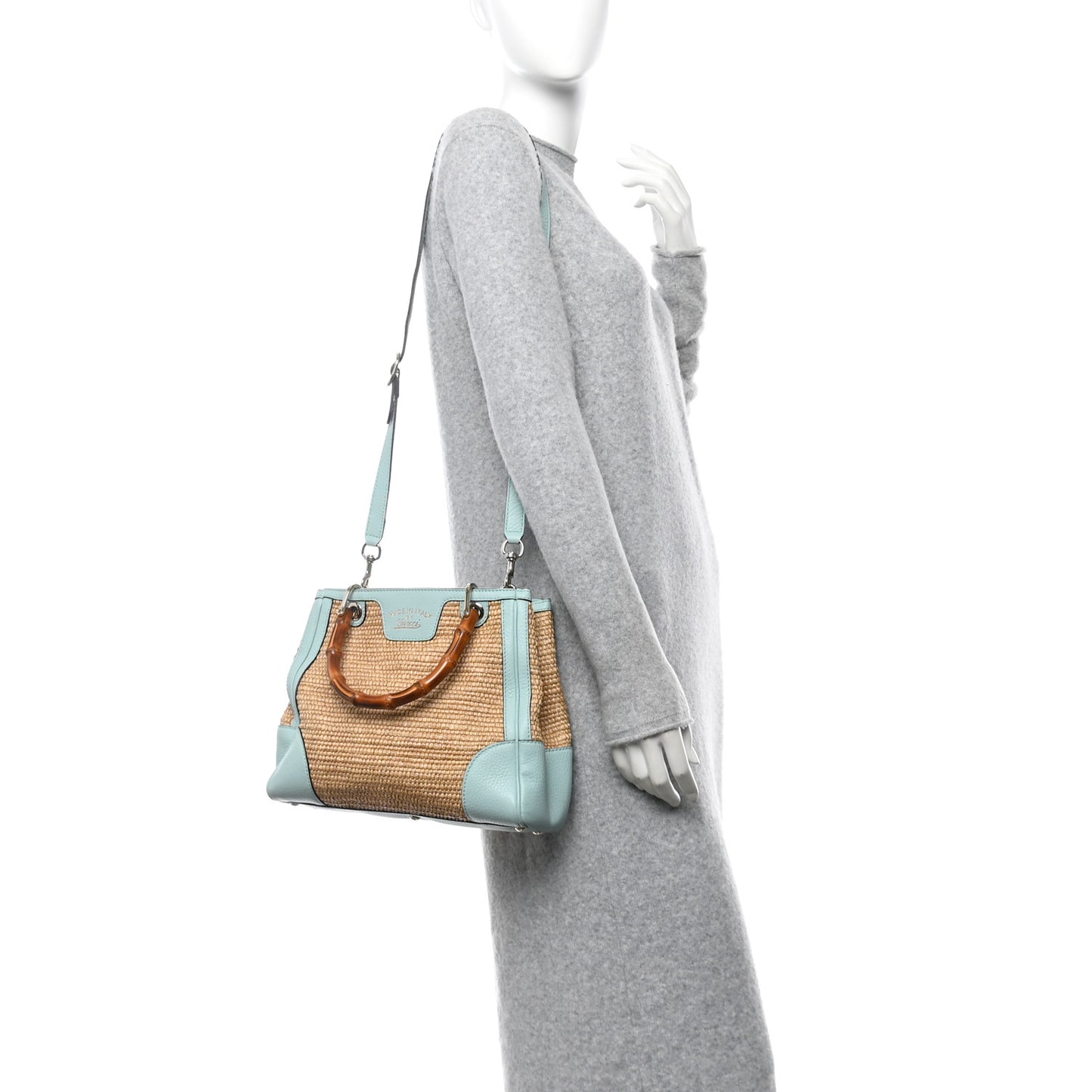 Raffia Calfskin Small Bamboo Shopper Tote Blue