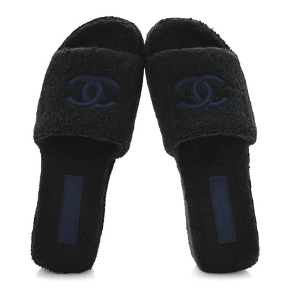 Chanel Terry CC Flat Mules Sandals 41 Black Navy 2 of 9