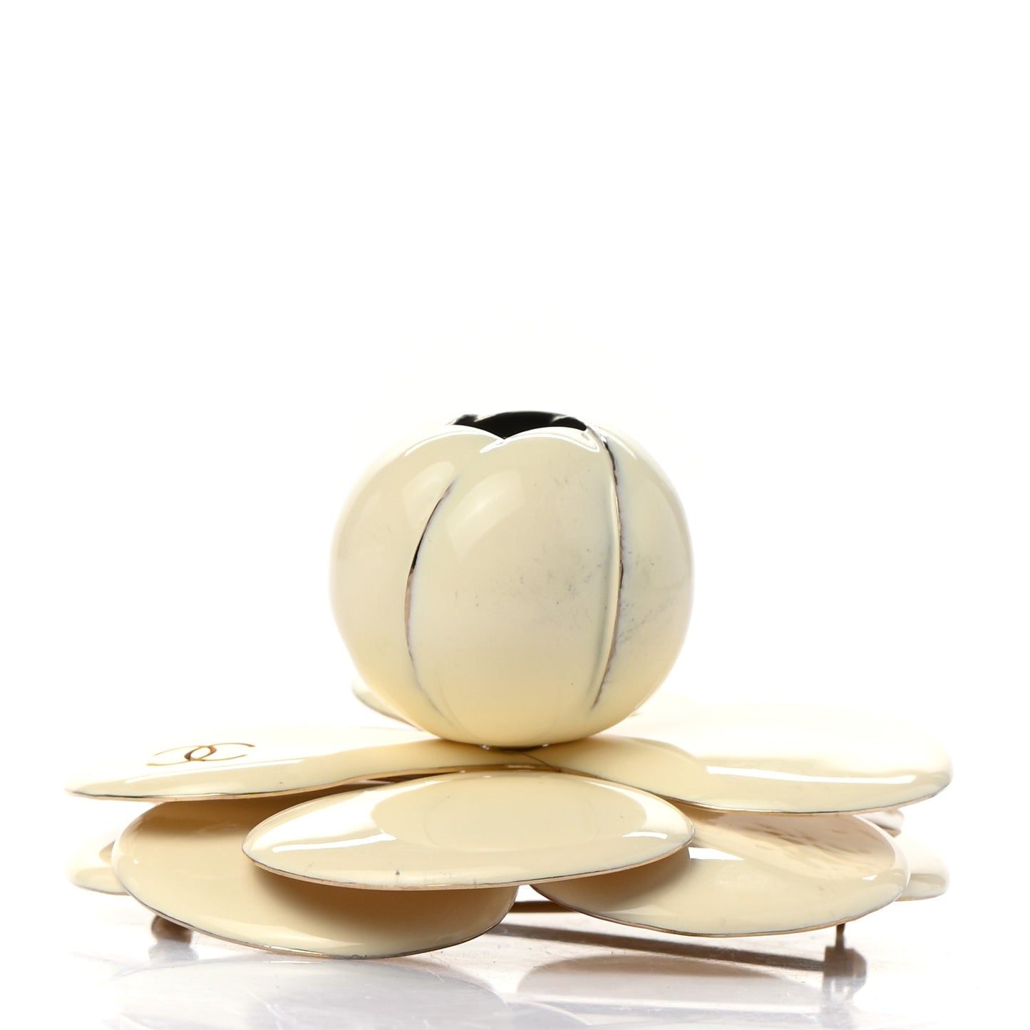 Enamel CC Camellia Brooch Pin Ivory Gold