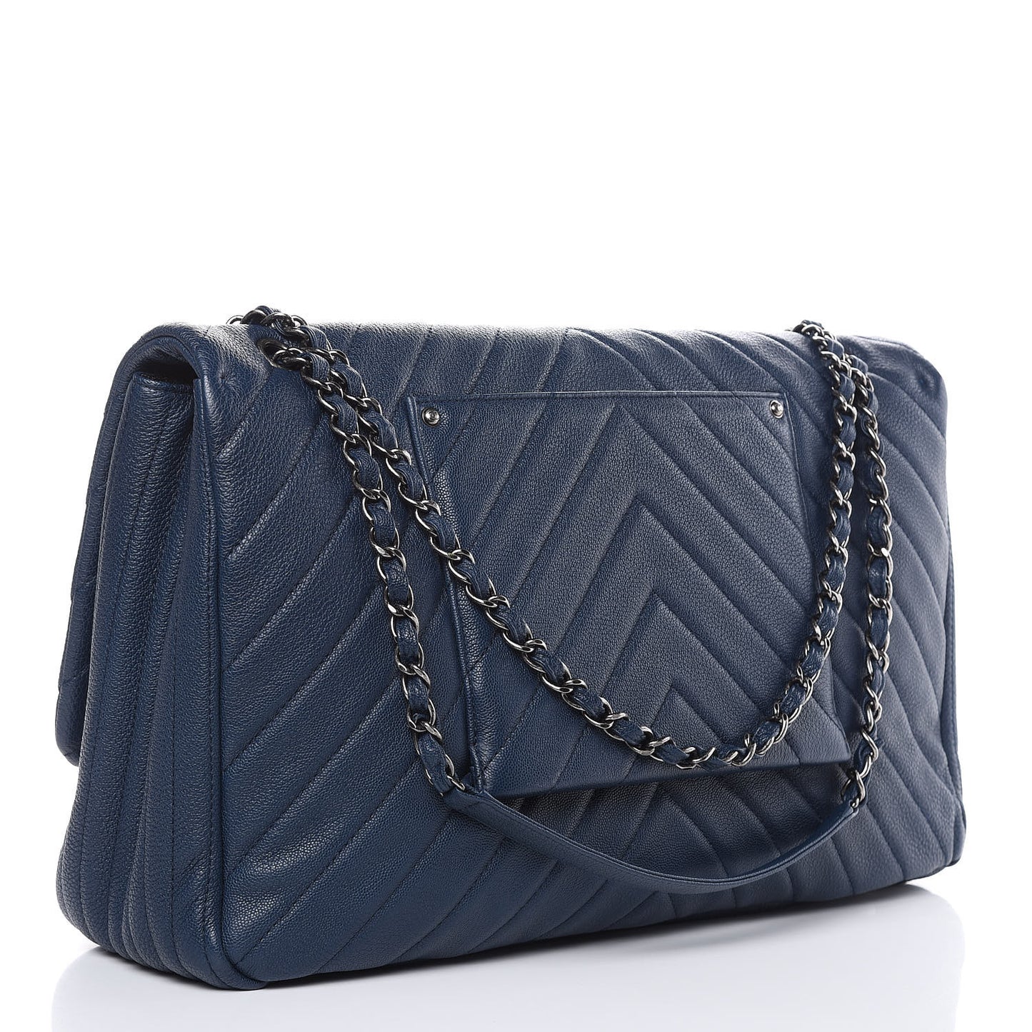 Calfskin Chevron Quilted XXL Travel Flap Bag Navy