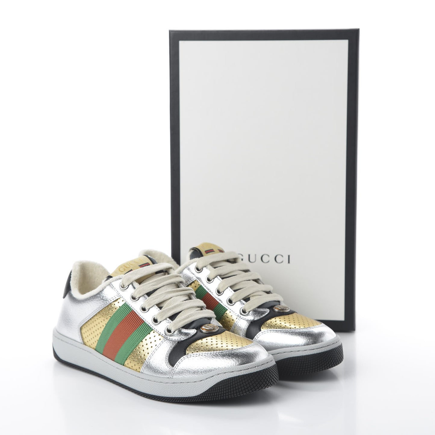 Metallic Calfskin Web Womens Screener Sneakers 36 Silver Gold Black