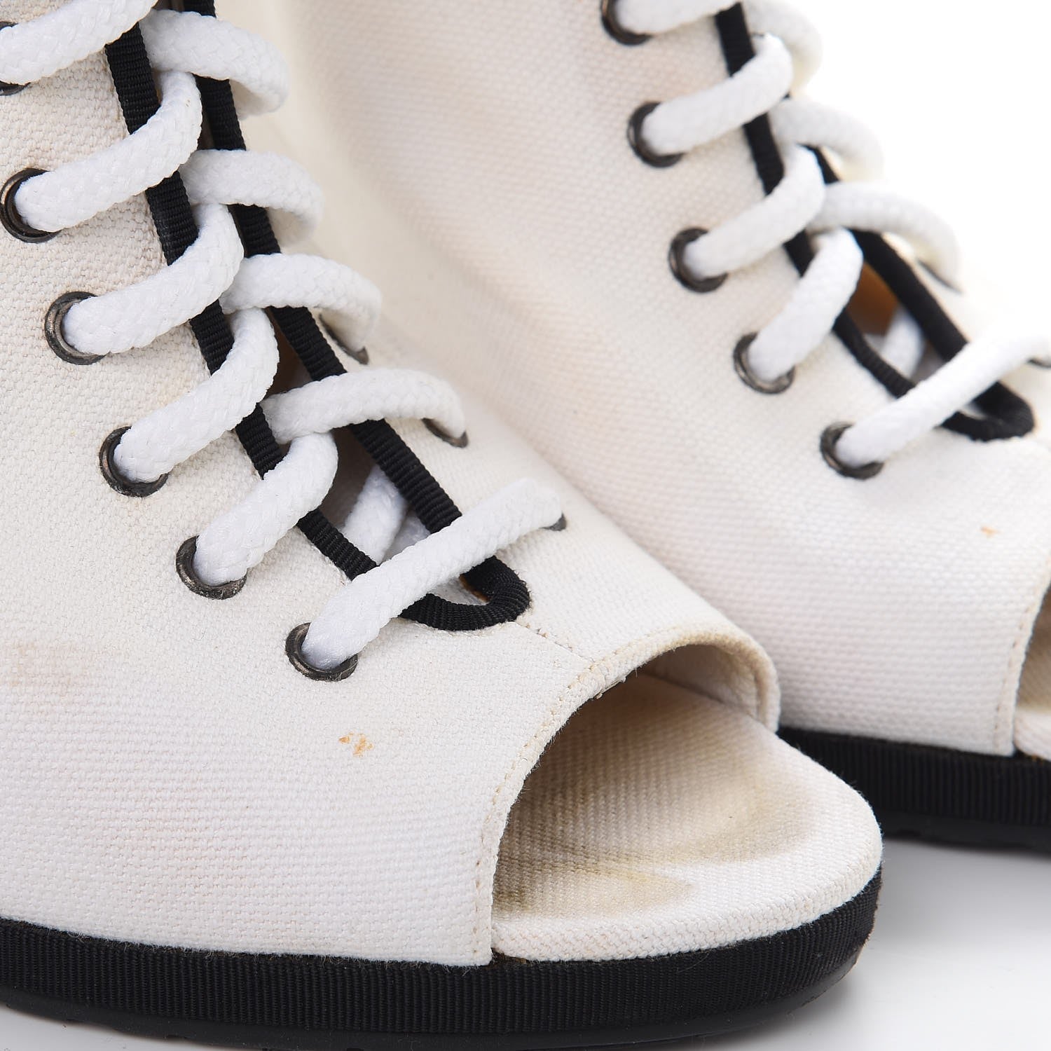 Chanel Canvas Lace Up Wedge Boots 37.5 White Black 17 of 18