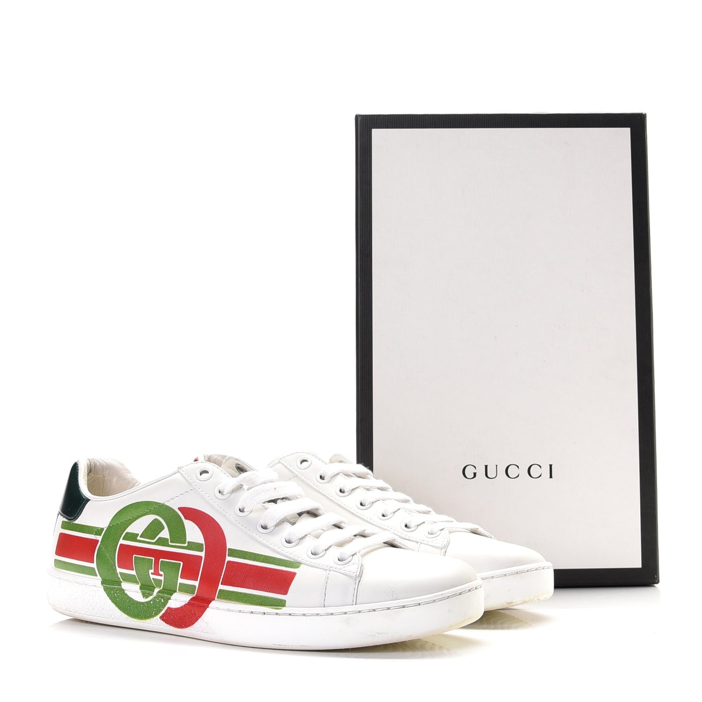 Calfskin Interlocking G Womens New Ace Sneakers 37.5 White Red Flame Green