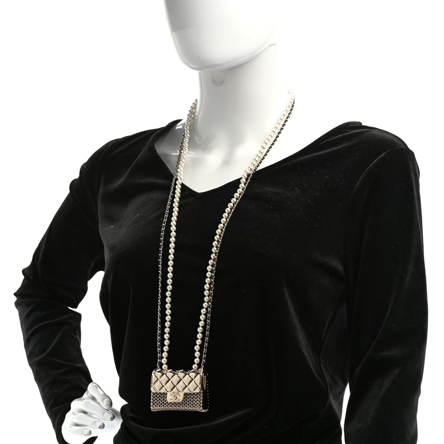 Chanel Metal Lambskin Pearl Chain Flap Bag Long Necklace Gold Black Pearly White 2 of 6