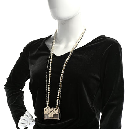 Chanel Metal Lambskin Pearl Chain Flap Bag Long Necklace Gold Black Pearly White 2 of 6