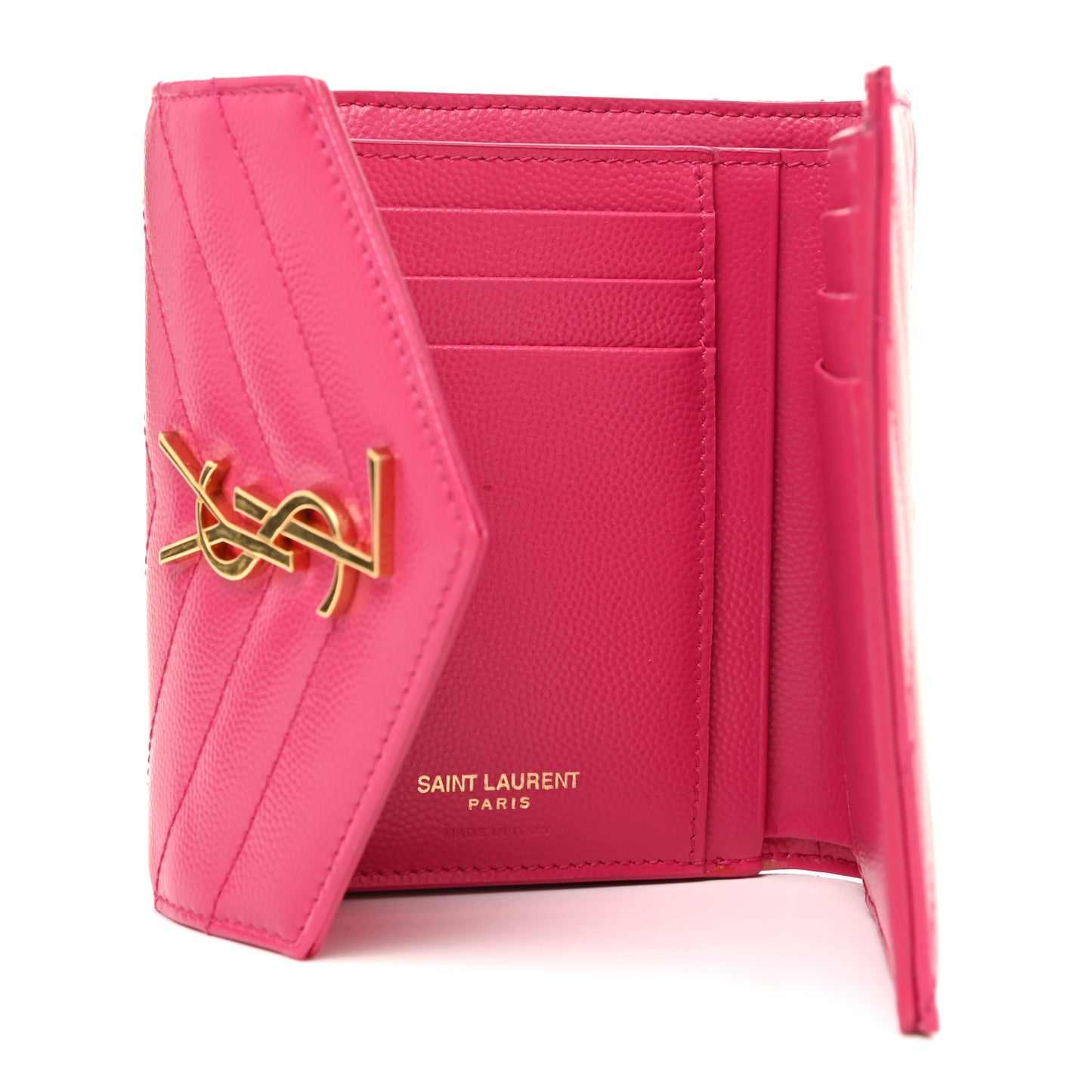 Grain De Poudre Matelasse Chevron Monogram Compact Tri Fold Wallet Fuschia