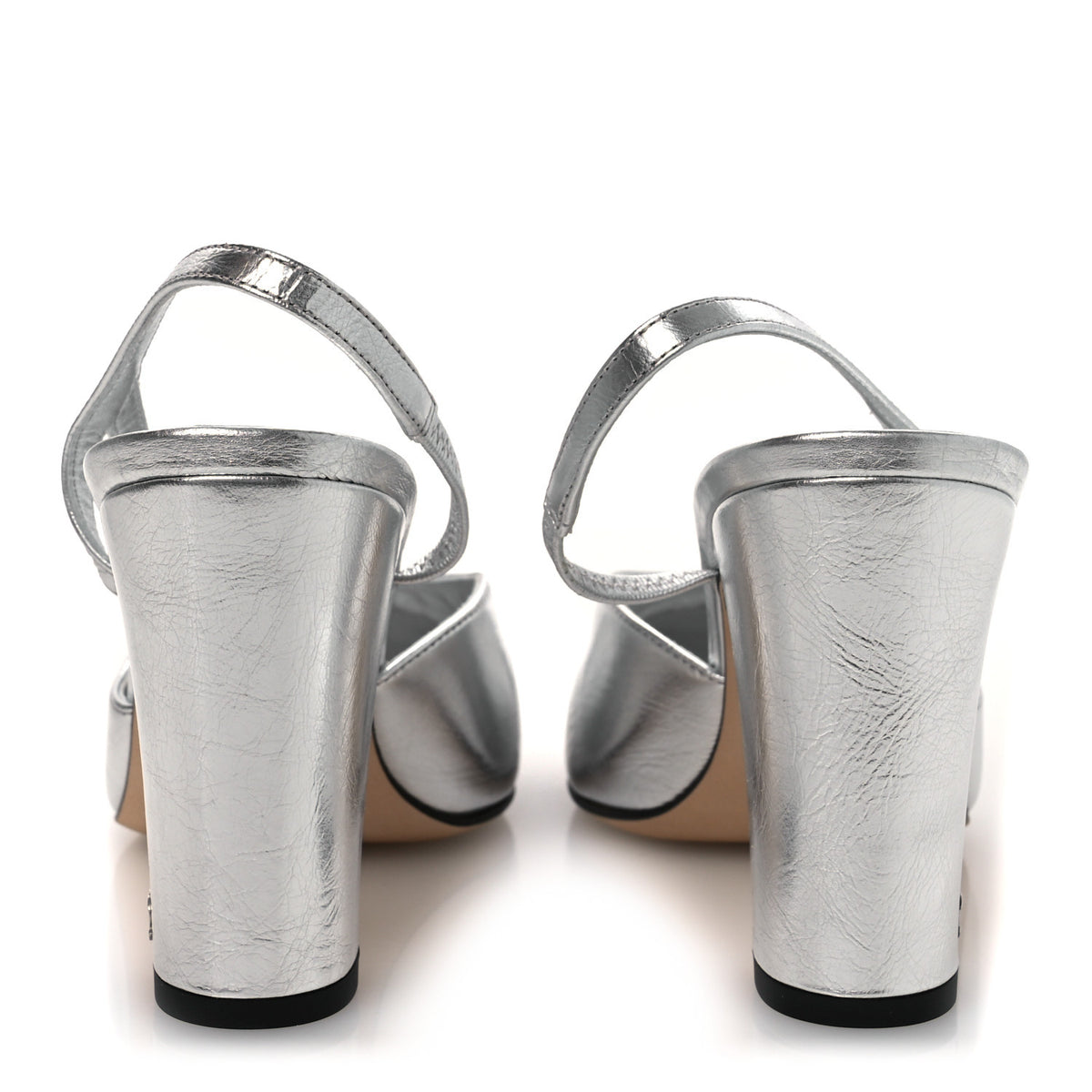 Laminated Crumpled Lambskin Grosgrain Cap Toe CC Slingback Pumps 41 Silver Black