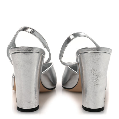 Chanel Laminated Crumpled Lambskin Grosgrain Cap Toe CC Slingback Pumps 41 Silver Black 10 of 11