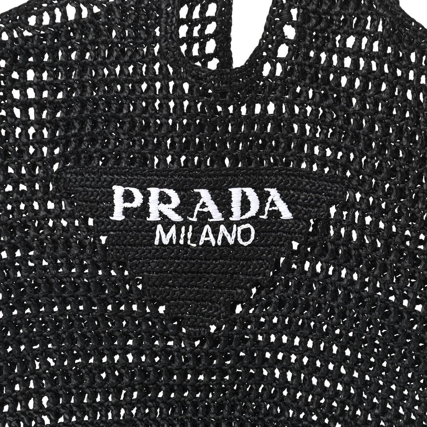 Yarn Raffia Effect Crochet Logo Embroidered Shopping Tote Bag Black