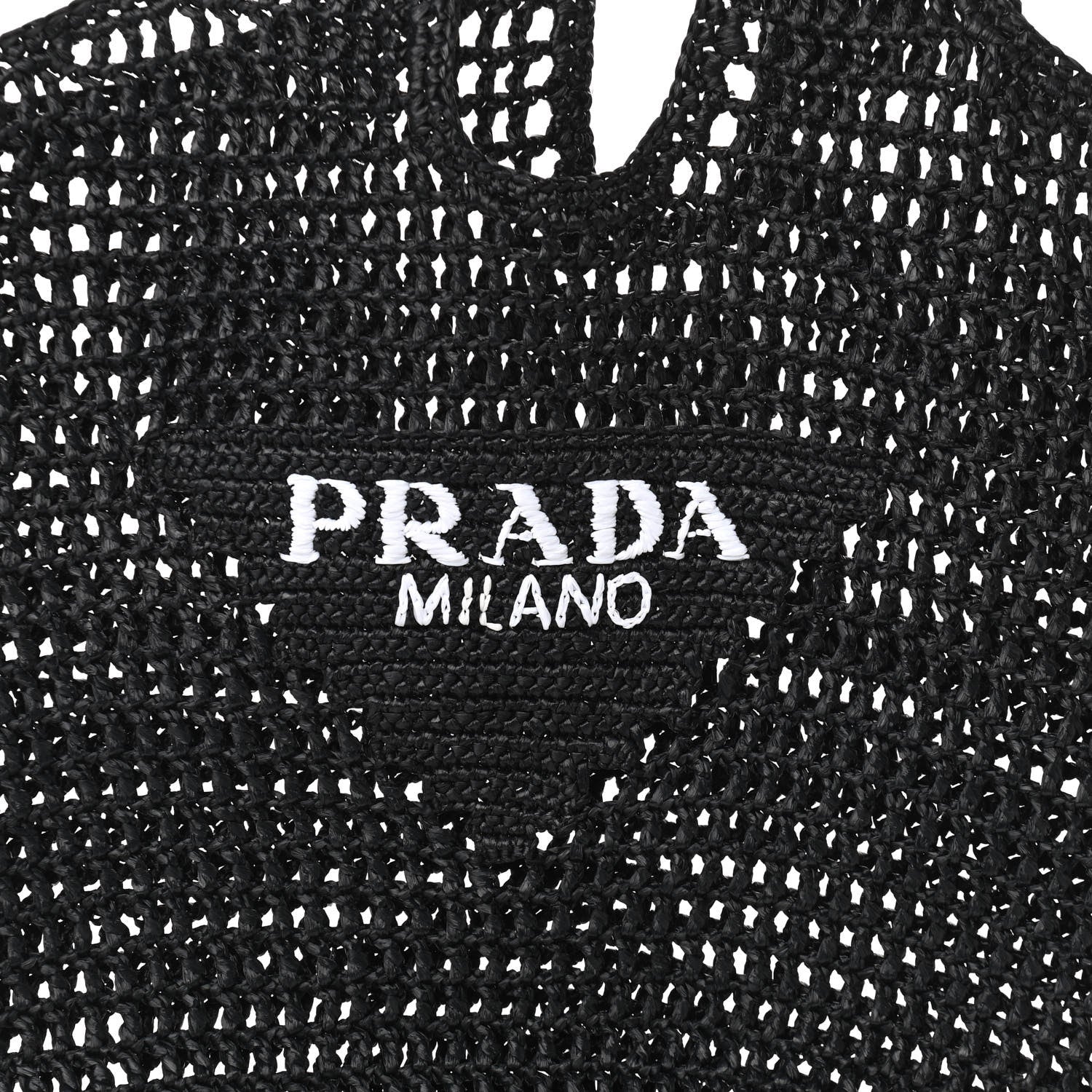 Prada Yarn Raffia Effect Crochet Logo Embroidered Shopping Tote Bag Black 9 of 9