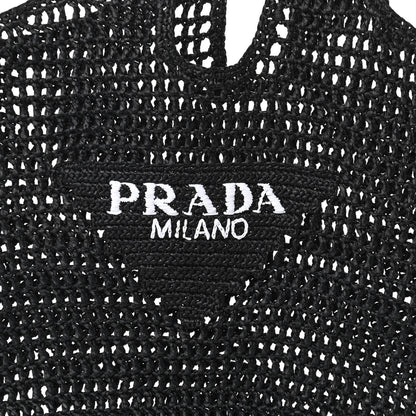 Prada Yarn Raffia Effect Crochet Logo Embroidered Shopping Tote Bag Black 9 of 9