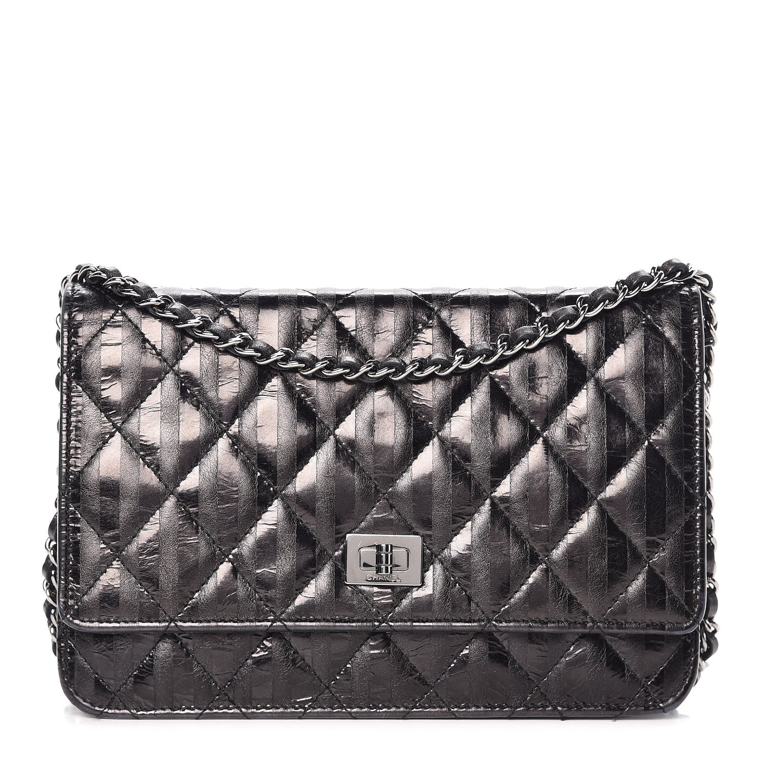 Chanel Aged Calfskin Striped Reissue Wallet On Chain WOC Black 1 of 10