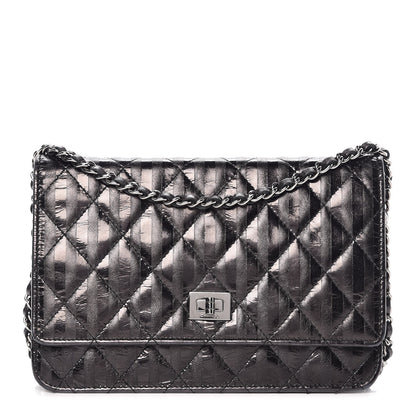 Chanel Aged Calfskin Striped Reissue Wallet On Chain WOC Black 1 of 10
