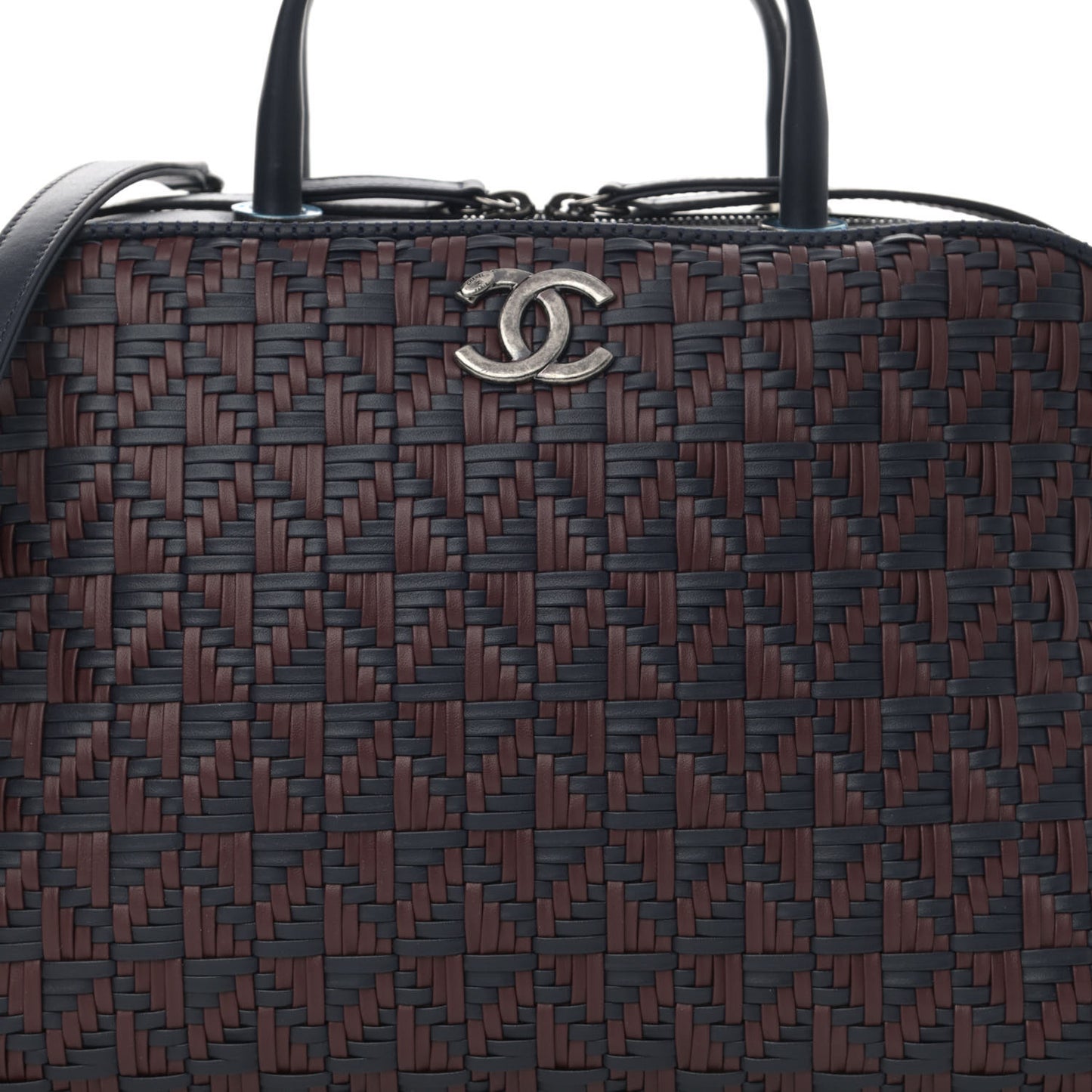 Calfskin Woven Bowling Bag Navy Blue