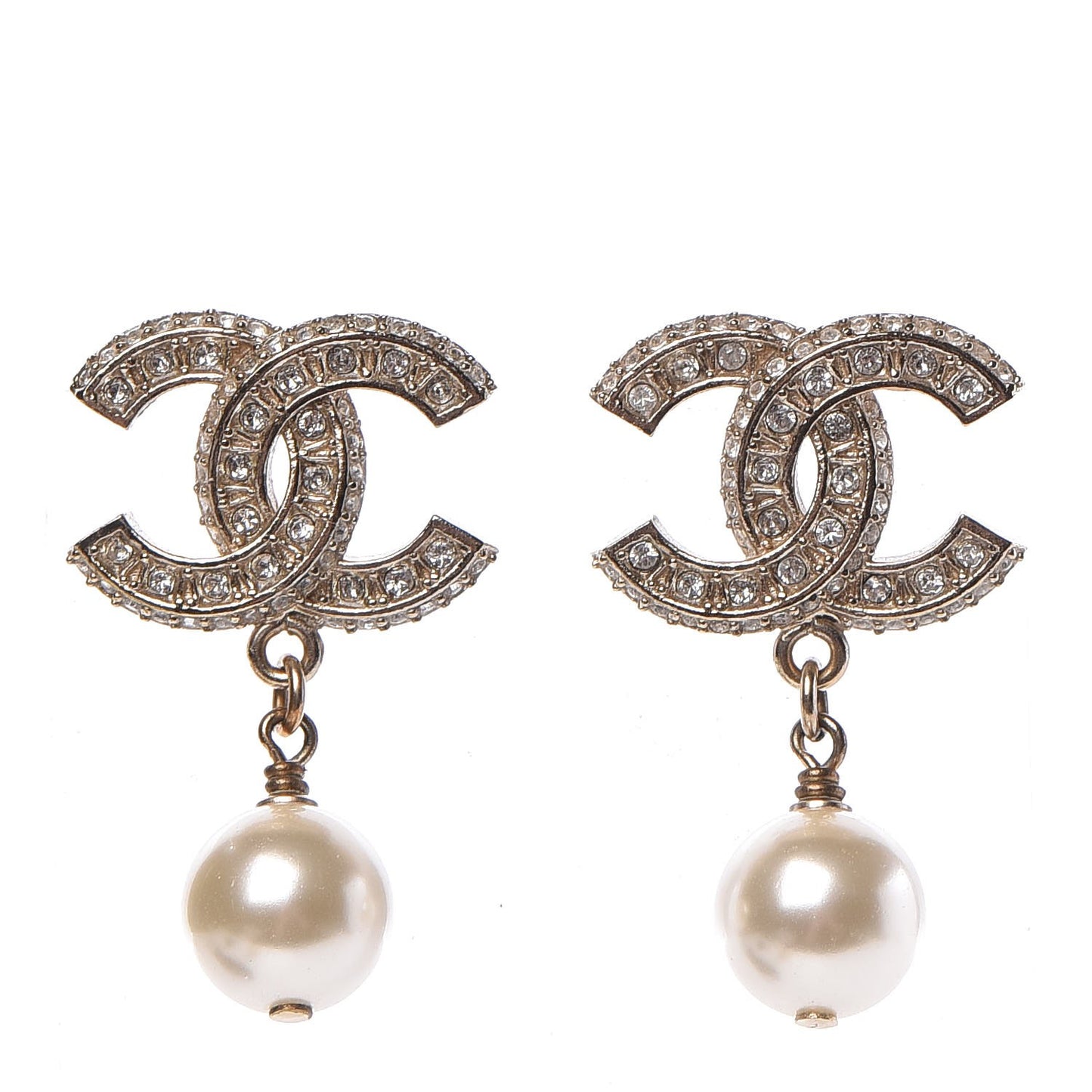 Crystal Pearl CC Drop Earrings Gold