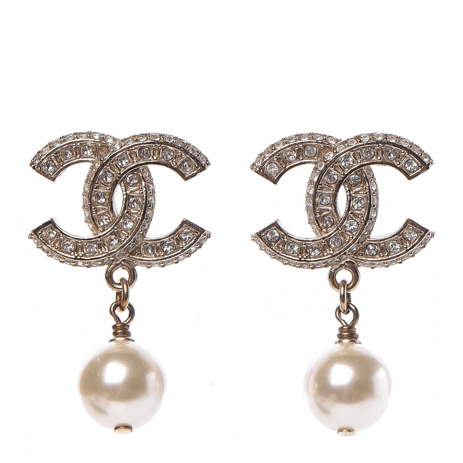Chanel Crystal Pearl CC Drop Earrings Gold 1 of 6