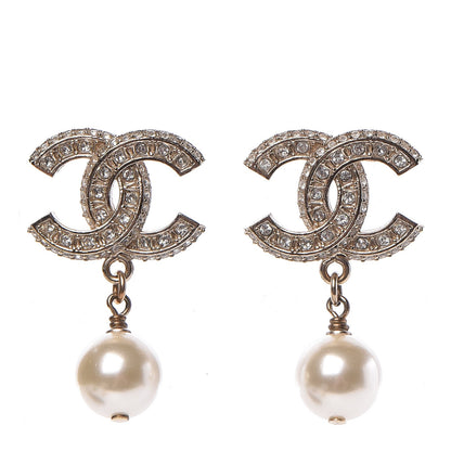 Chanel Crystal Pearl CC Drop Earrings Gold 1 of 6