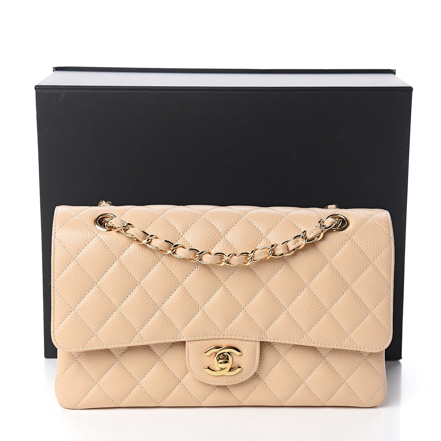 Caviar Quilted Medium Double Flap Beige Clair