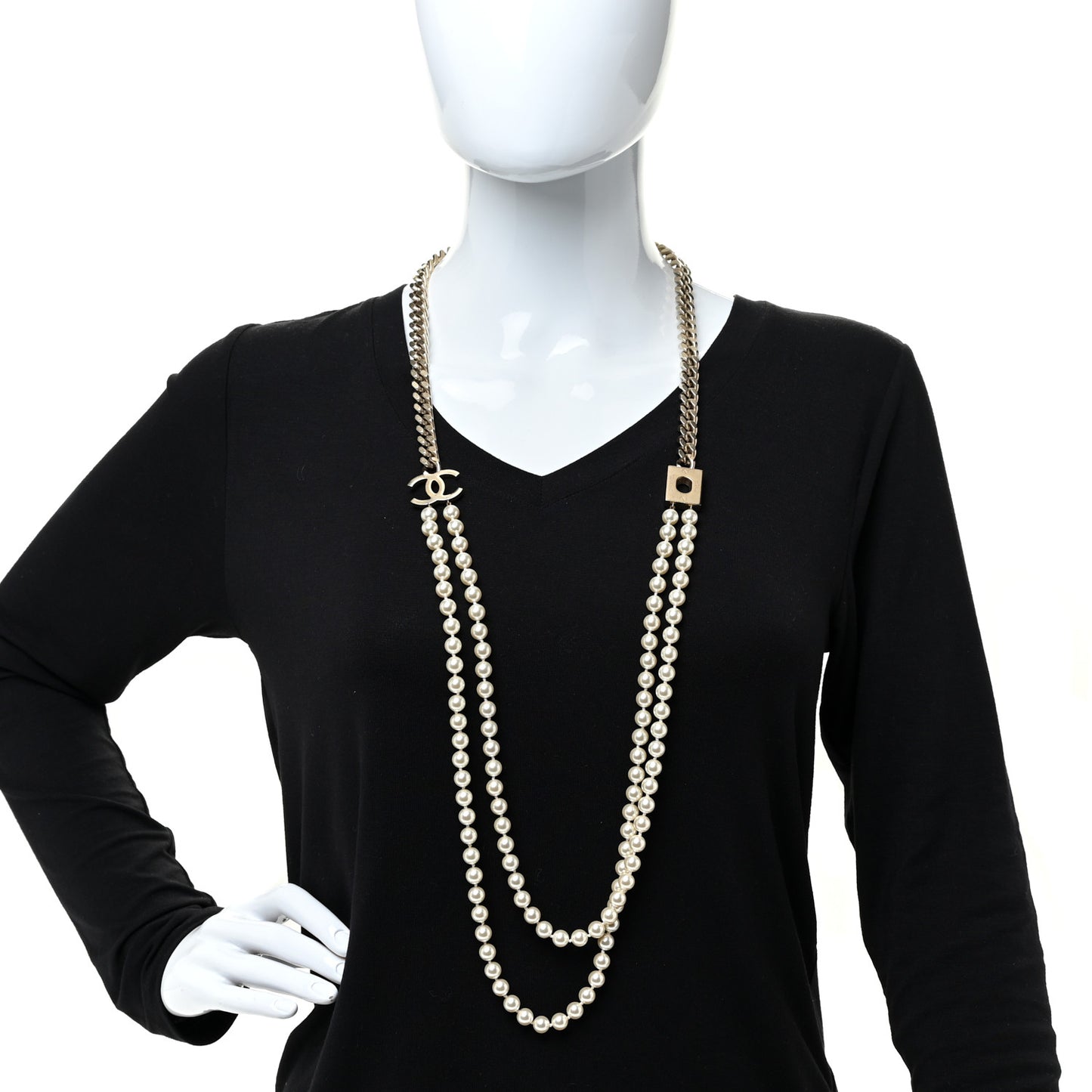 Pearl Chain CC Long Necklace Gold